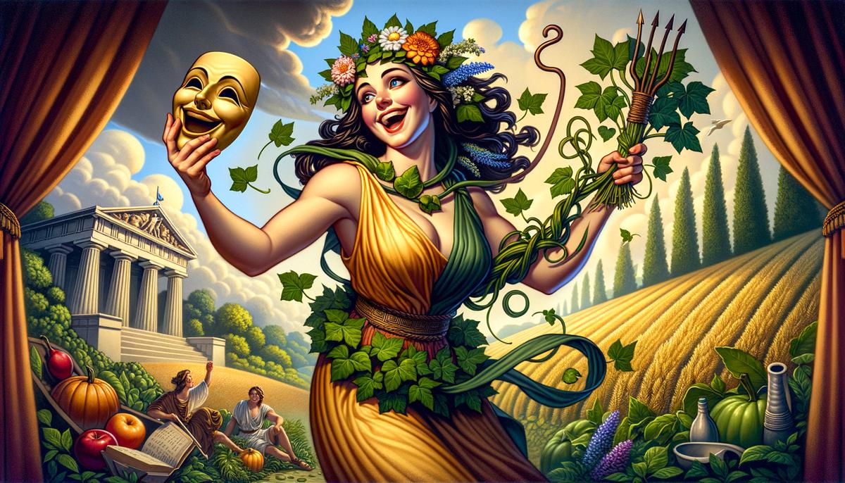 Thalia, the Greek goddess of comedy and agriculture, holding a comic mask and a shepherd's staff.