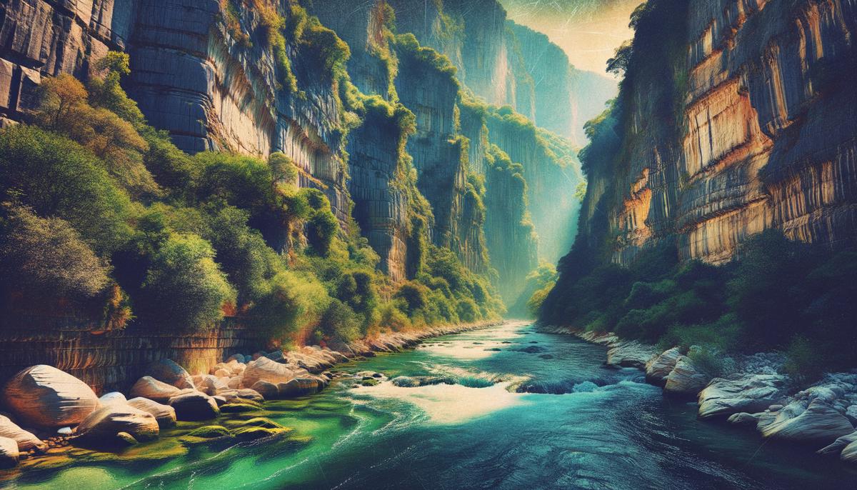 The Acheron River flowing through a dramatic gorge with crystal-clear waters and lush vegetation along its banks