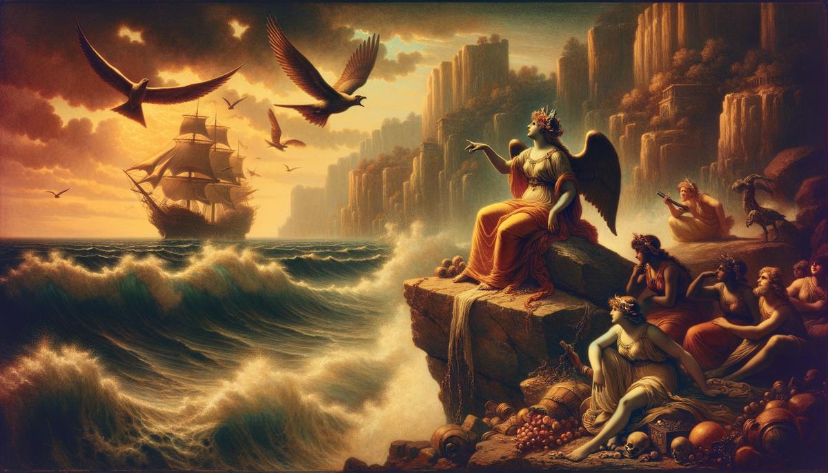 The alluring Sirens perched on rocky cliffs, singing their enchanting songs to lure unsuspecting sailors to their doom.