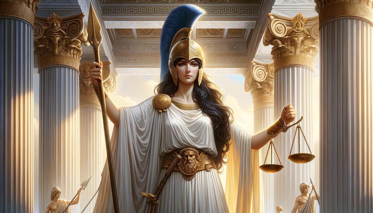The ancient Greek goddess Athena, wearing a white robe and a golden helmet, holding a set of scales in one hand and a spear in the other, standing in front of a marble temple.