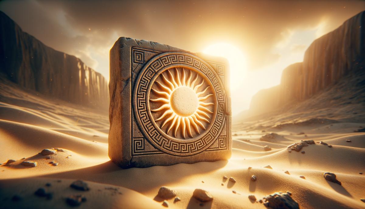 The ancient Greek word 'helios' inscribed on a sun-drenched stone, symbolising the origins of the name Helia