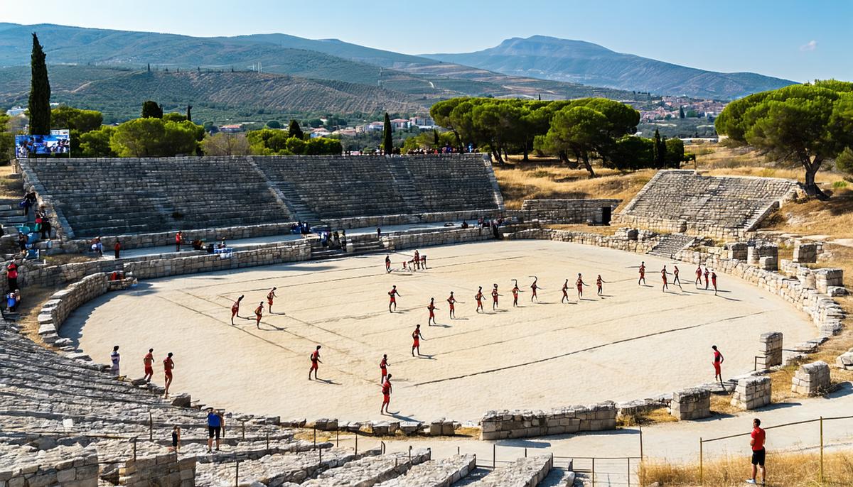 The ancient stadium of Nemea with stone seating and athletes competing in various events