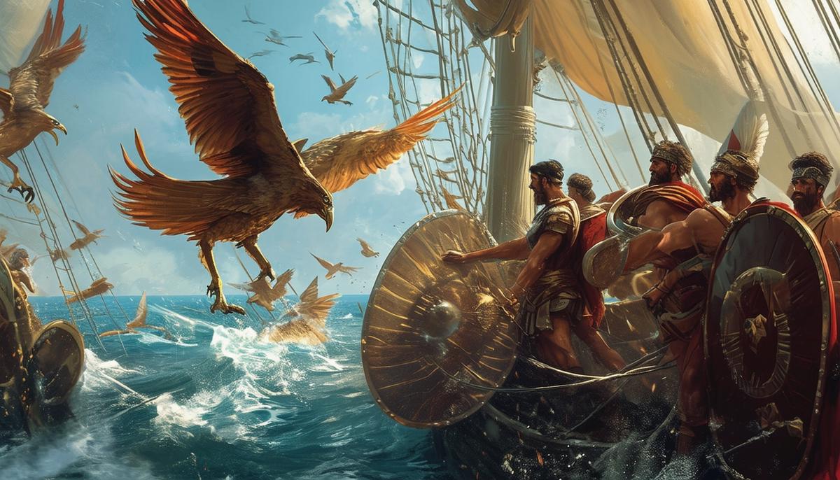 The Argonauts on their ship, defending against attacking Stymphalian Birds by clashing their shields