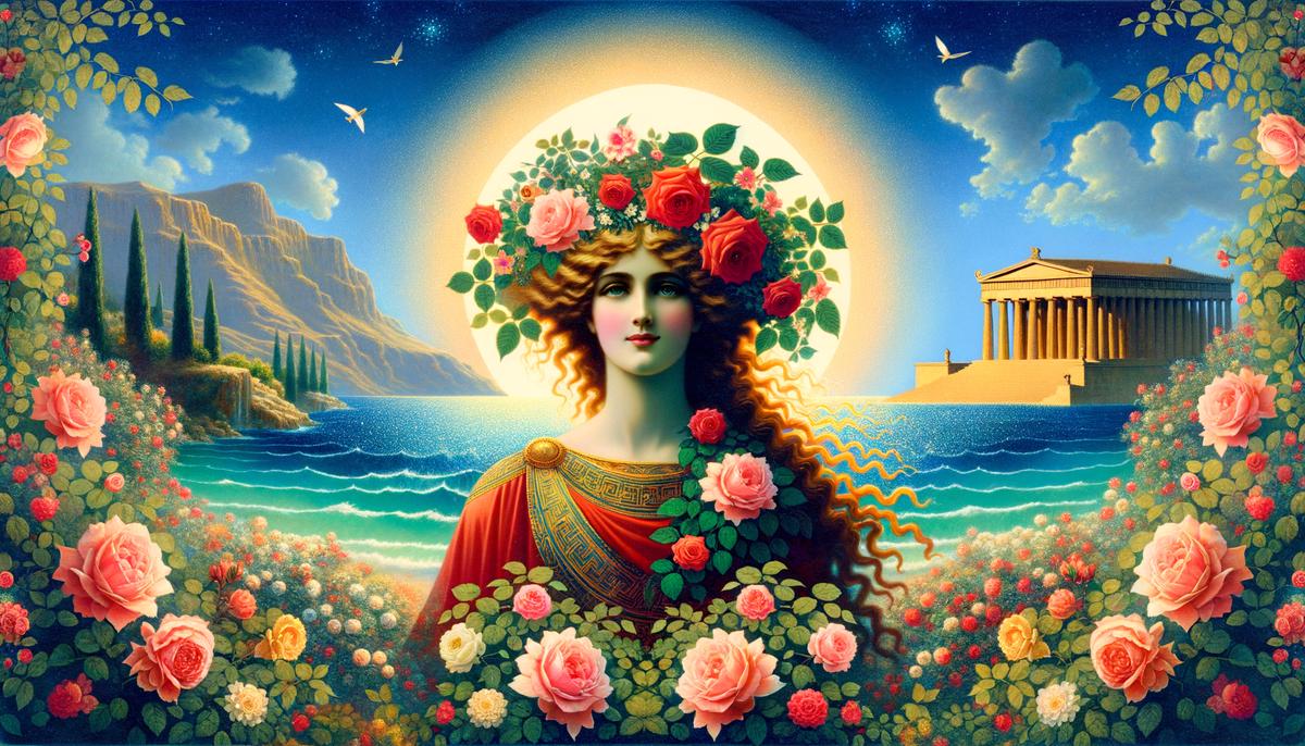 The beautiful nymph Rhodos, personification of the Greek island of Rhodes, surrounded by roses in a sunny seaside setting
