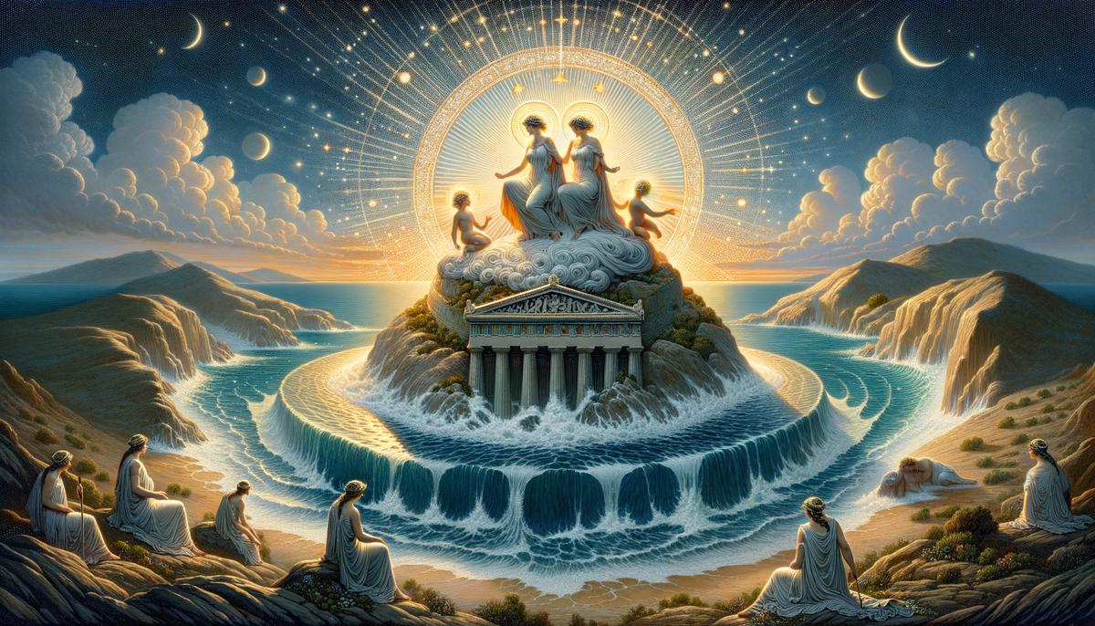 The birth of Apollo and Artemis on the island of Delos, with Leto and divine light