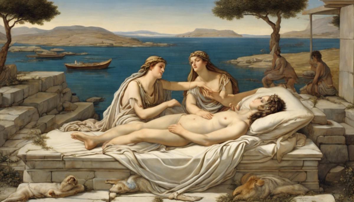 The birth of Artemis and Apollo on the floating island of Delos. Leto, their mother, reclines on the island as the twins are born. The scene is tranquil, with clear skies and calm waters surrounding the island.