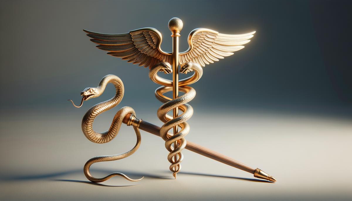 The caduceus of Hermes, with its two intertwined snakes and wings, is shown in contrast to the Rod of Asclepius, highlighting the common confusion between the two symbols.