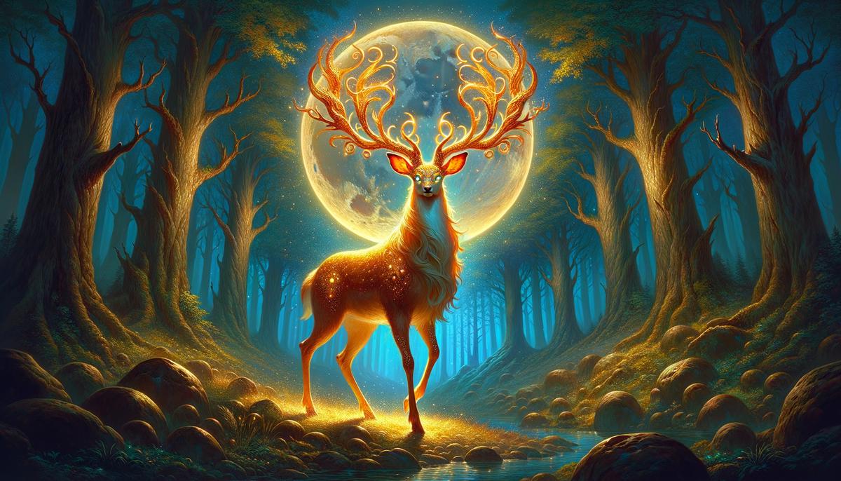 The Ceryneian Hind with golden antlers and bronze hooves standing in a moonlit forest glade