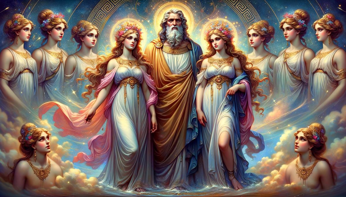 The Charites, daughters of Zeus and Eurynome, standing with their divine parents in an ethereal setting, representing their unique origins and parentage in Greek mythology.