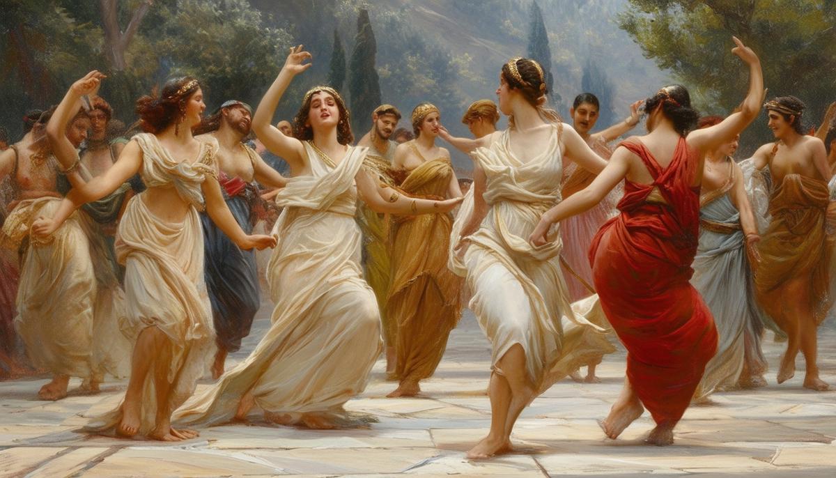 The Charites, patrons of the arts, dancing and inspiring ancient Greek poets, musicians, and artists in their creative endeavors, symbolizing their role in fostering beauty and culture.