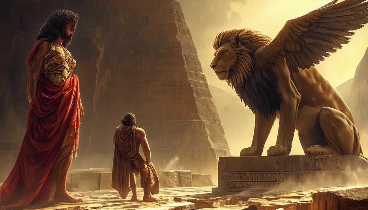 The clever Oedipus stands before the mythical Sphinx, a creature with a woman's head, lion's body, and eagle wings, as he correctly answers her deadly riddle.