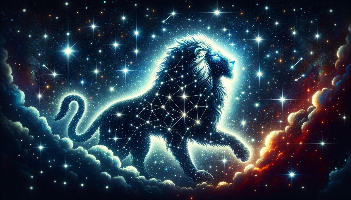 The constellation Leo, resembling a lion, shining brightly in a dark night sky filled with stars.