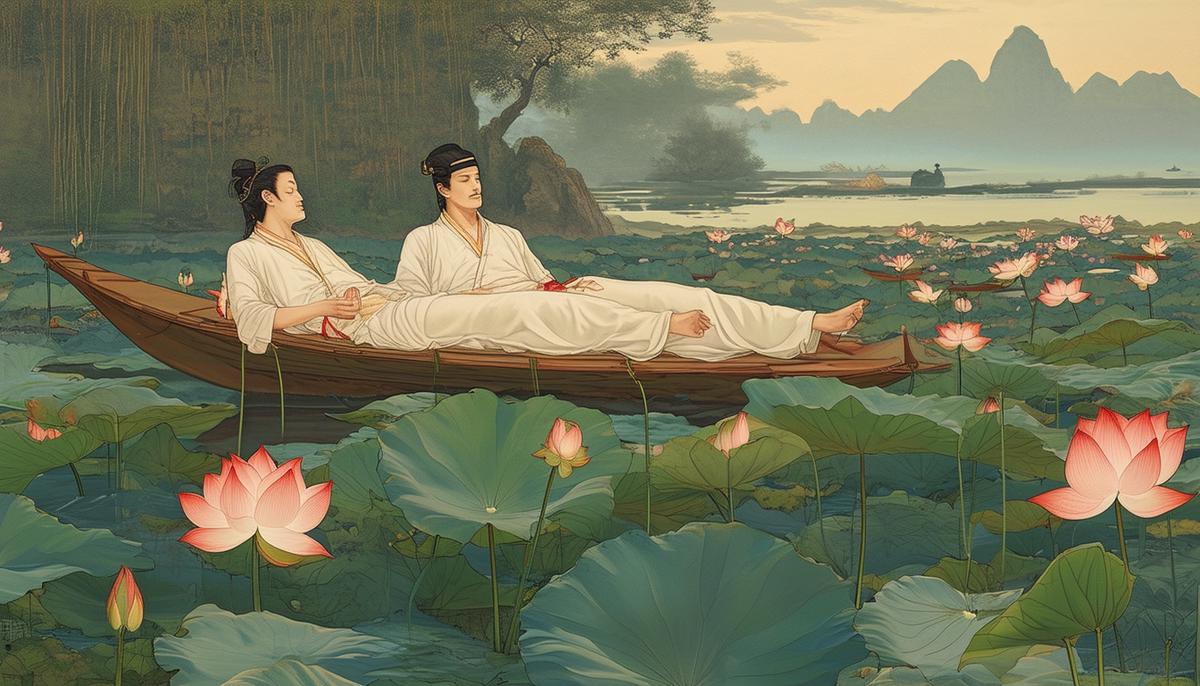 The deceptively peaceful Land of the Lotus-Eaters, with sailors reclining and indulging in the lotus flowers, forgetting their journeys home.