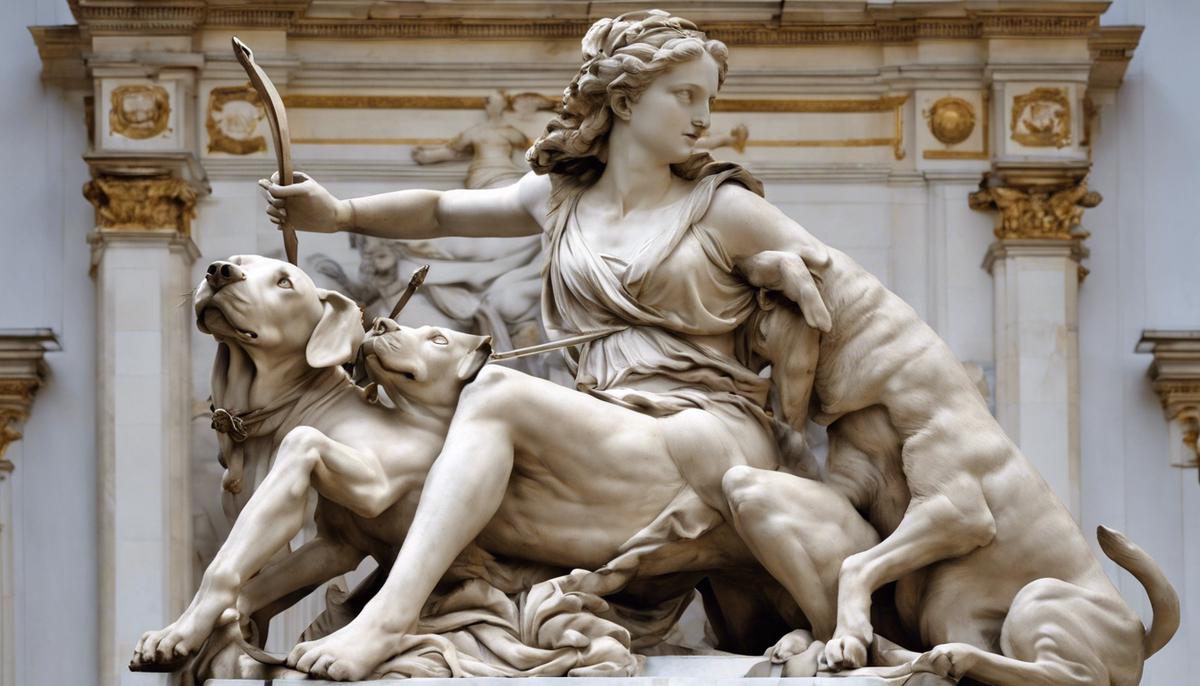 The Diana of Versailles sculpture showing Artemis mid-action with a dog by her side, just after releasing an arrow