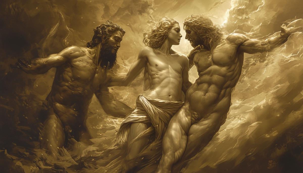 The dramatic moment when Salmacis and Hermaphroditus are merged into a single, androgynous being by the gods
