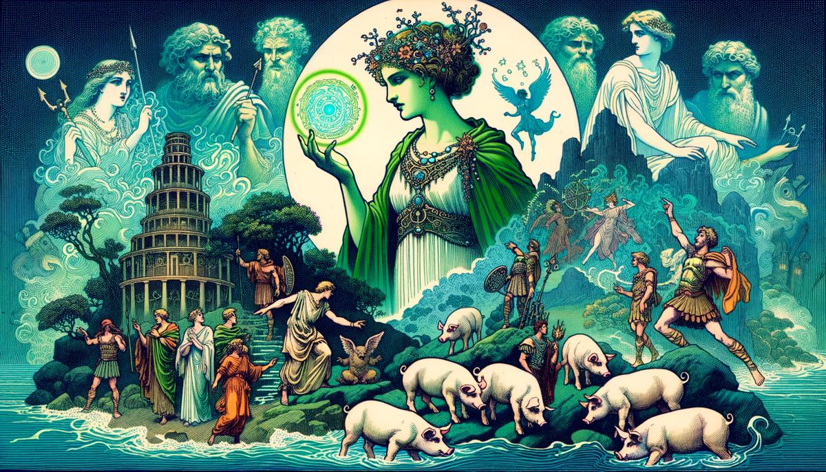 The enchantress Circe uses her magical powers to transform the crew of Odysseus into pigs, as the men unknowingly consume her potion-laced feast.