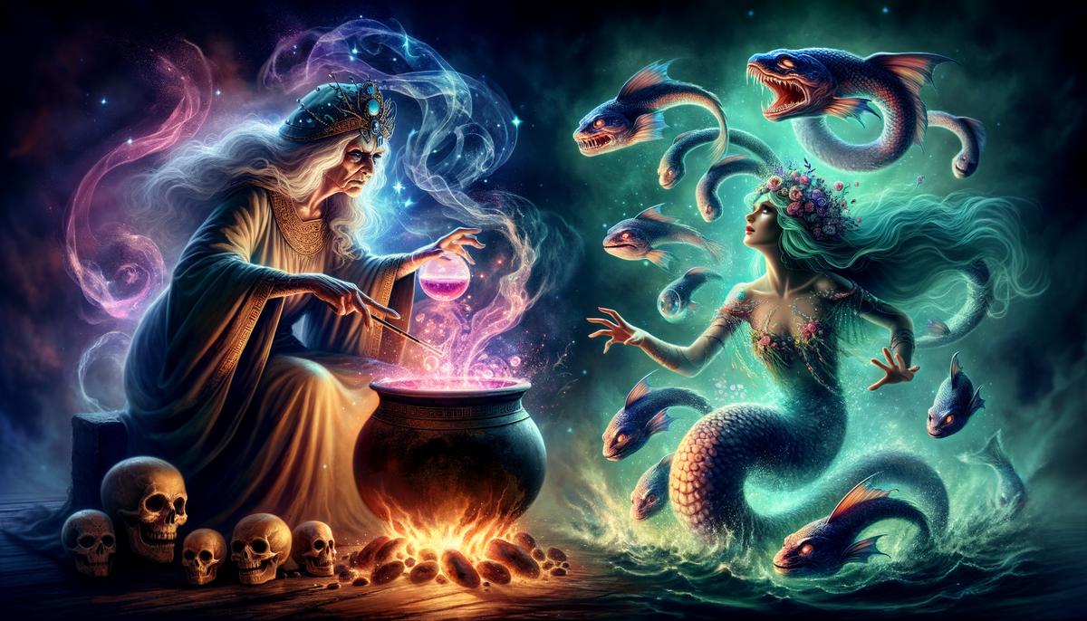 The enchantress Circe using her magic potion to transform Scylla from a beautiful nymph into a monstrous sea creature
