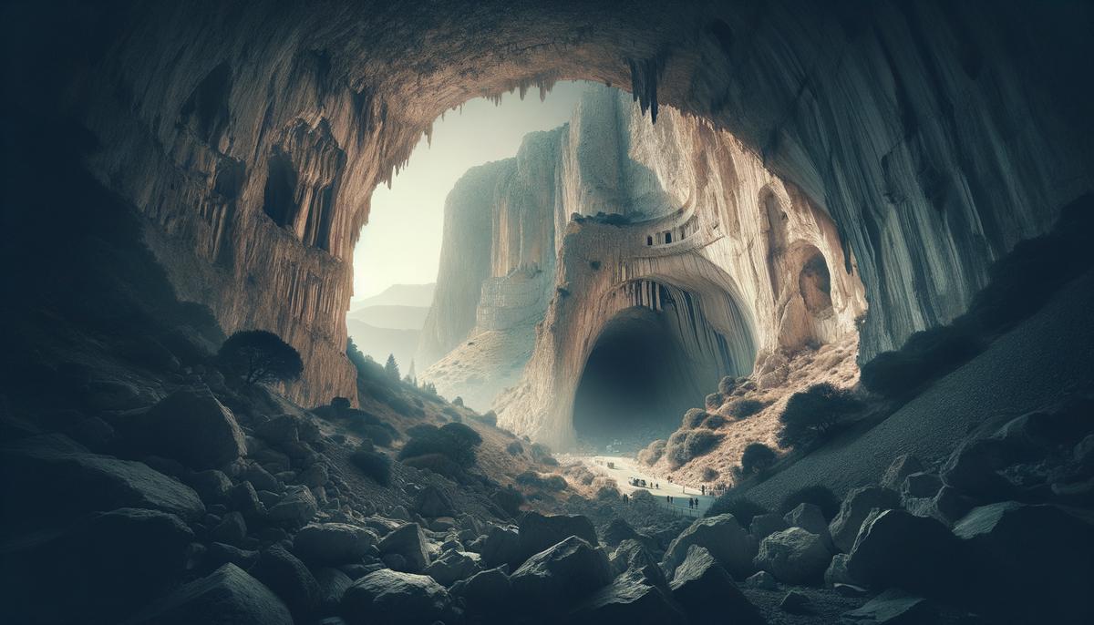 The entrance to the Ideon Cave on Mount Ida, Crete, with rugged rock formations and a sense of ancient mystery