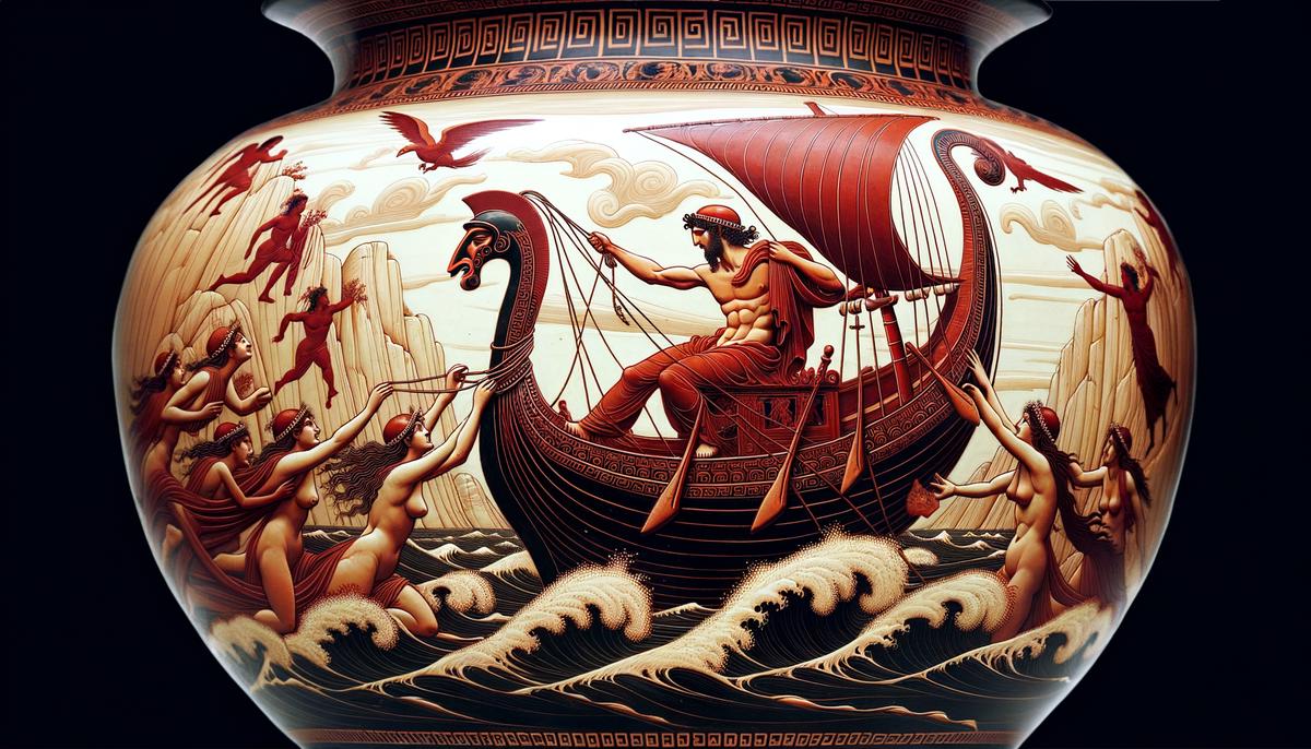 The famous Siren Vase from the British Museum showing Odysseus tied to his ship's mast while Sirens sing