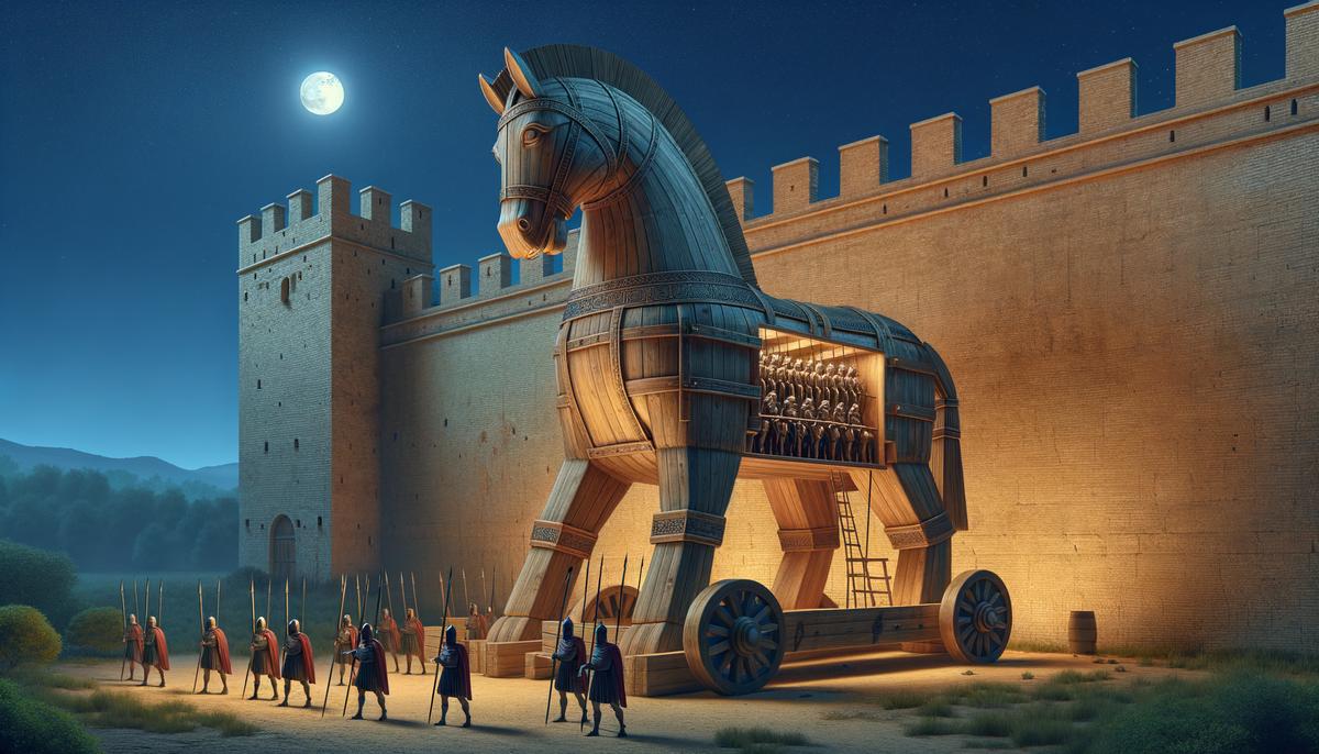 The famous Trojan horse outside the gates of Troy