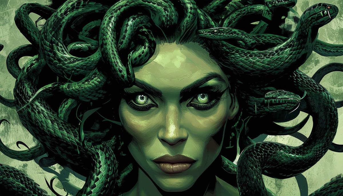 The fearsome Gorgon Medusa, her once beautiful hair transformed into a writhing nest of venomous snakes, her gaze capable of turning anyone who meets it to stone.