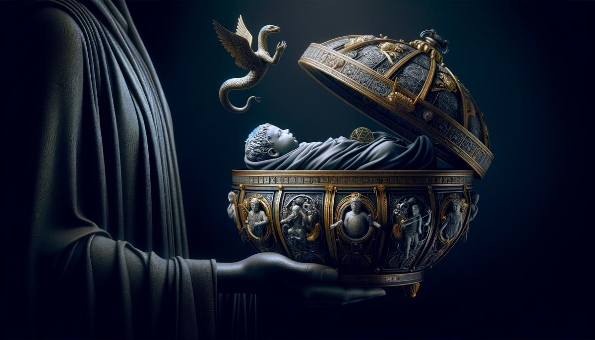 The forbidden basket containing the serpent-entwined baby Erichthonius, entrusted to Pandrosos by Athena