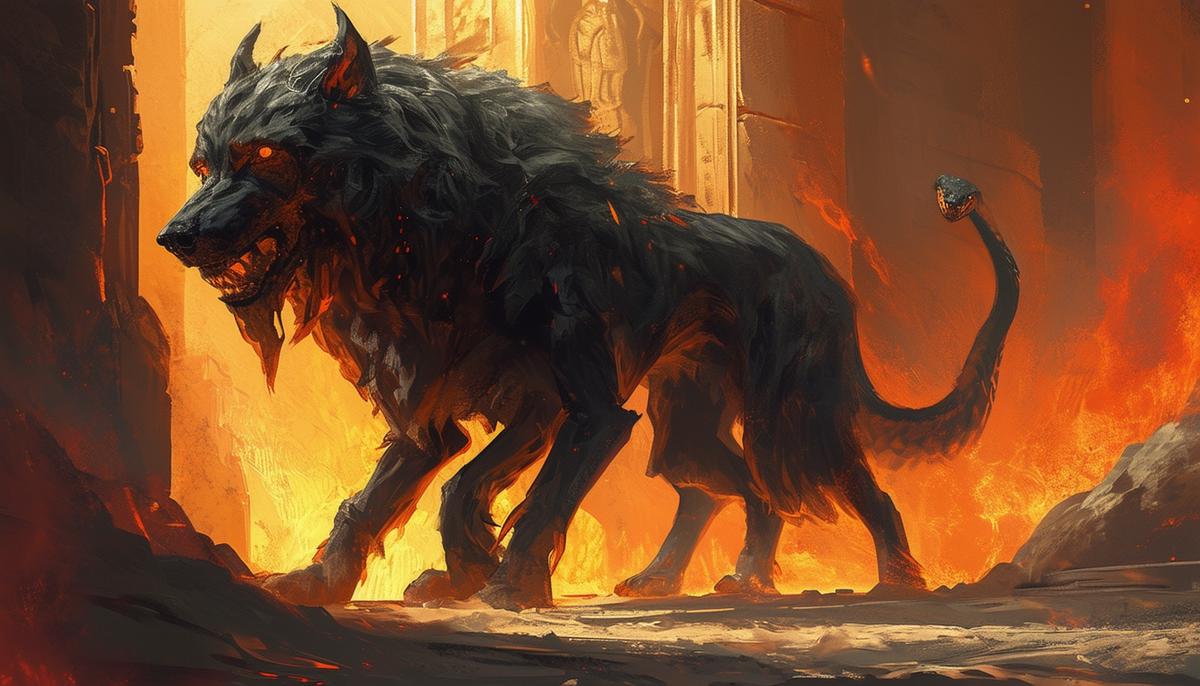 The gigantic, three-headed dog Cerberus stands guard at the gates of the Underworld, his serpentine tail poised, ready to prevent any souls from escaping the realm of the dead.