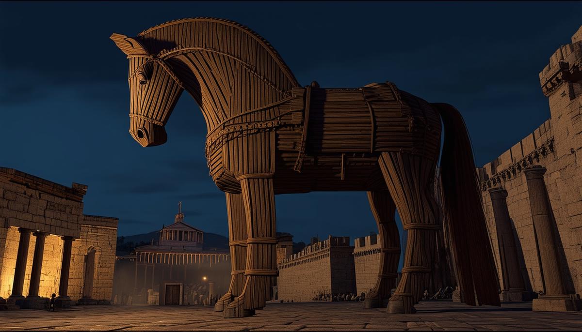 The gigantic wooden Trojan Horse standing ominously inside the walls of Troy at night, with the city's buildings and temples visible in the background. The horse looms large, its shadowy presence hinting at the impending doom that awaits the unsuspecting Trojans.