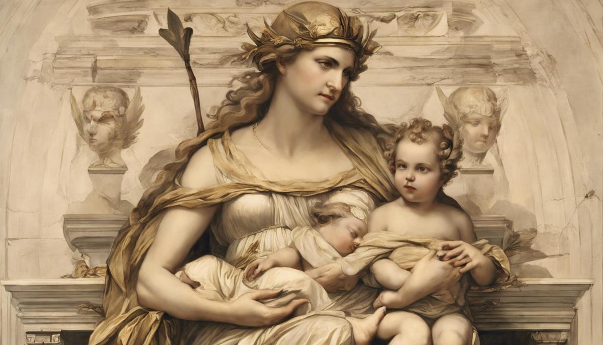 The goddess Leto holding her twin children Apollo and Artemis