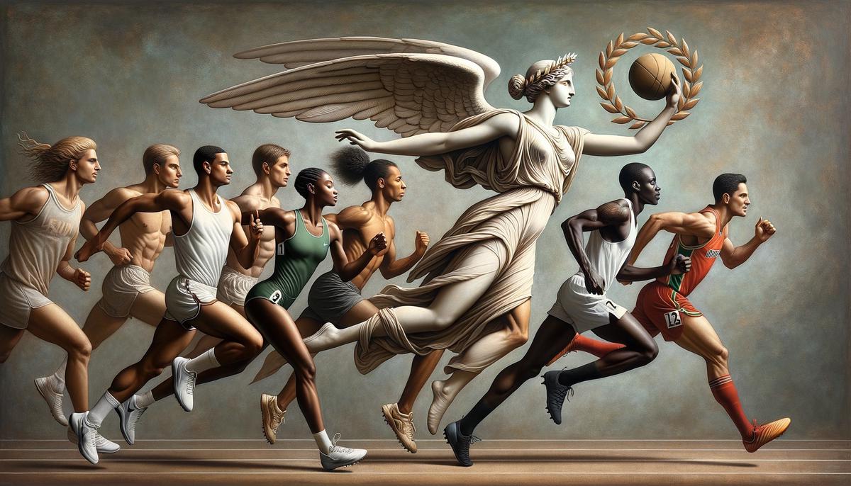 The goddess Nike inspiring modern athletes in various sports