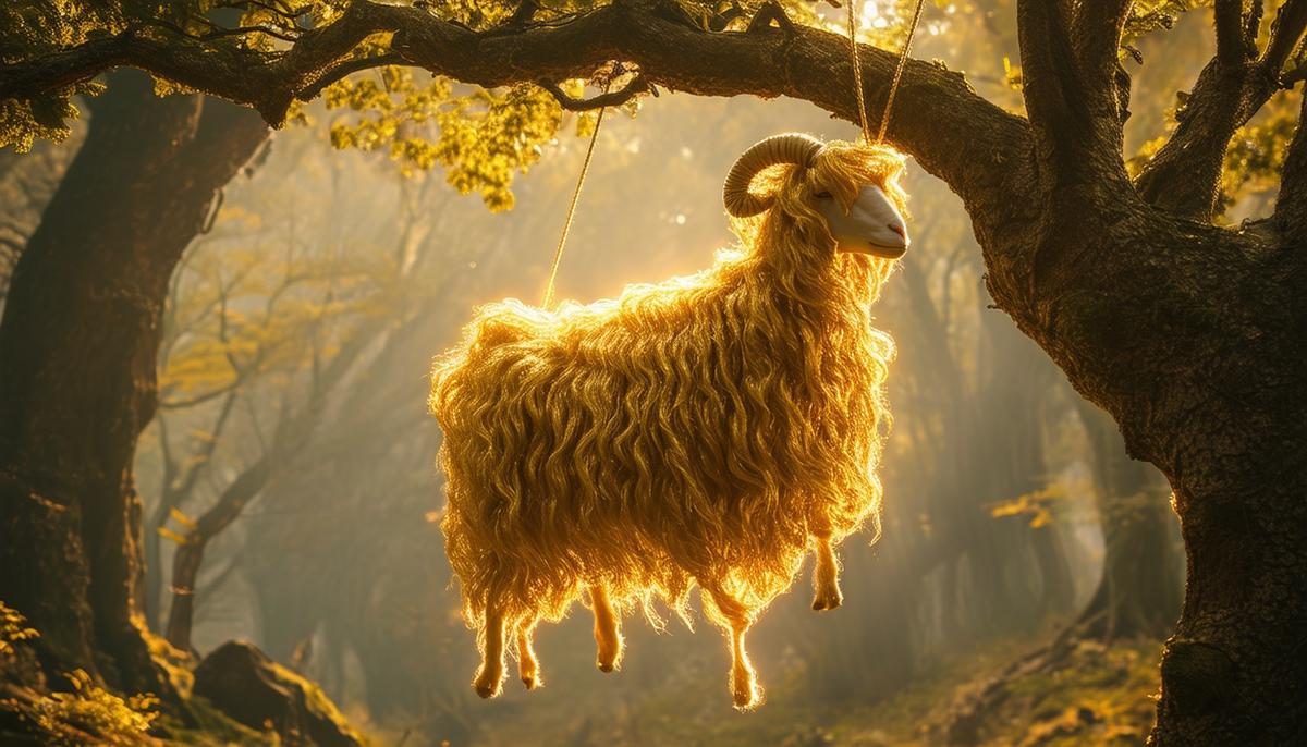 The Golden Fleece hanging from a tree branch, its golden wool shimmering with magical energy in a mystical forest setting