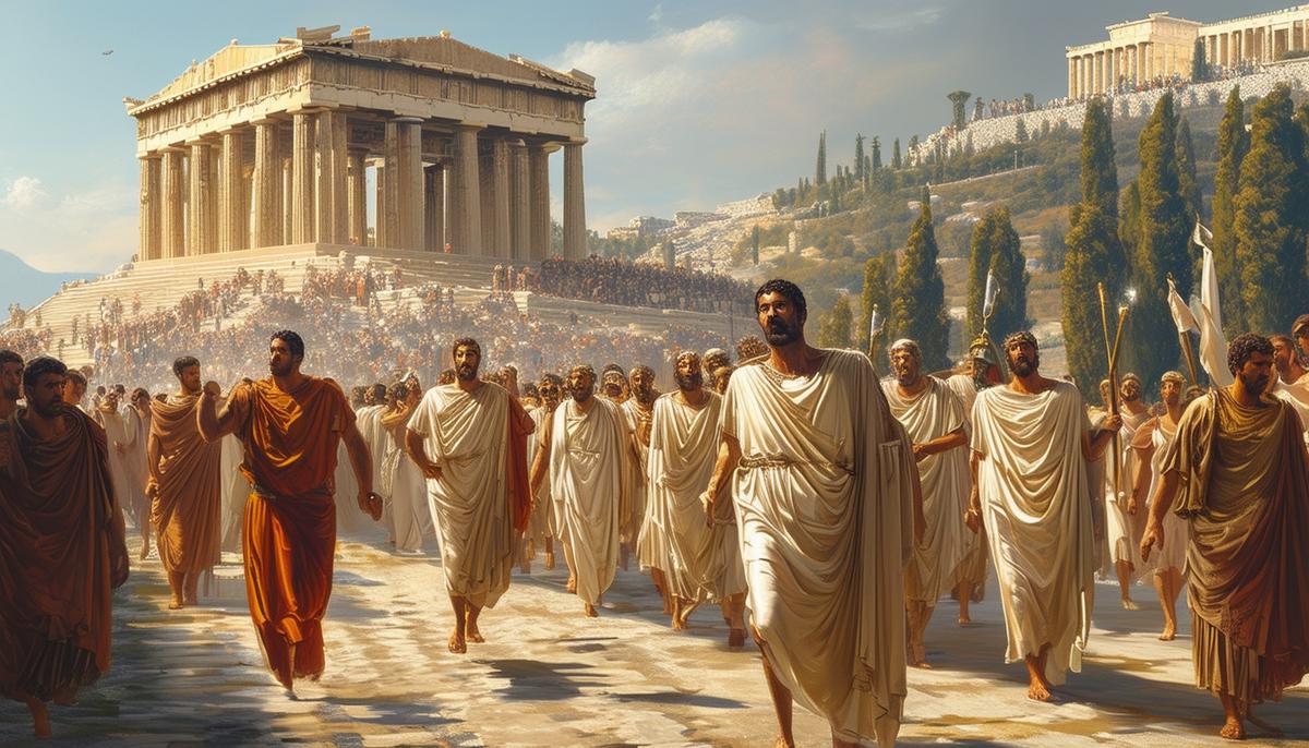 The grand Panathenaic procession in ancient Athens, with people carrying the peplos robe towards the Acropolis