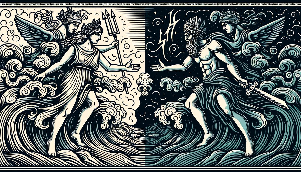 The Greek deities Athena and Poseidon, representing the contrasting divine influences on Odysseus' journey