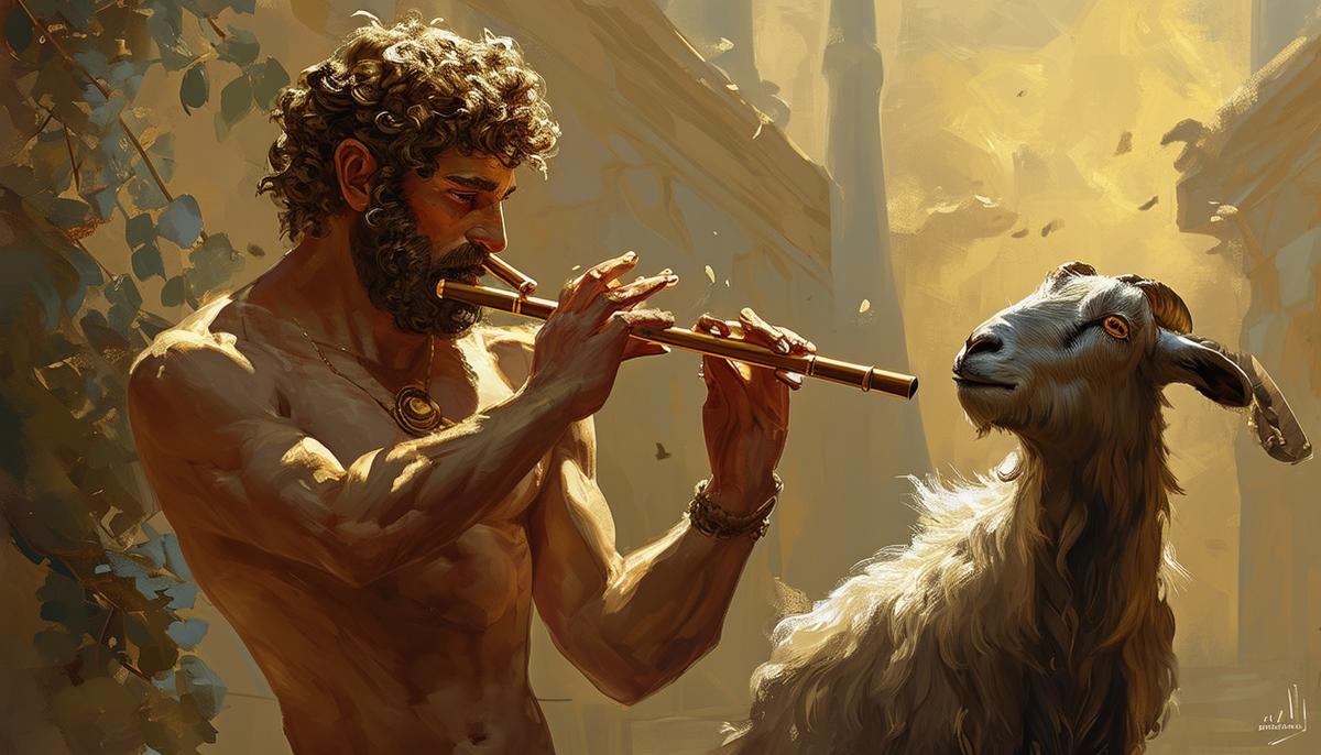 The Greek god Pan, with the upper body of a man and lower body of a goat, playing a flute