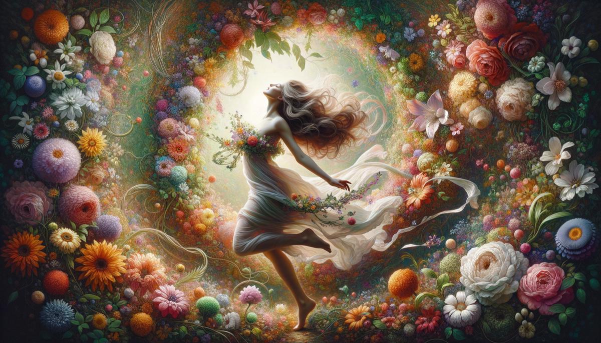 The Greek goddess Antheia twirling joyfully in a vibrant, magical garden filled with colorful flowers and lush greenery.