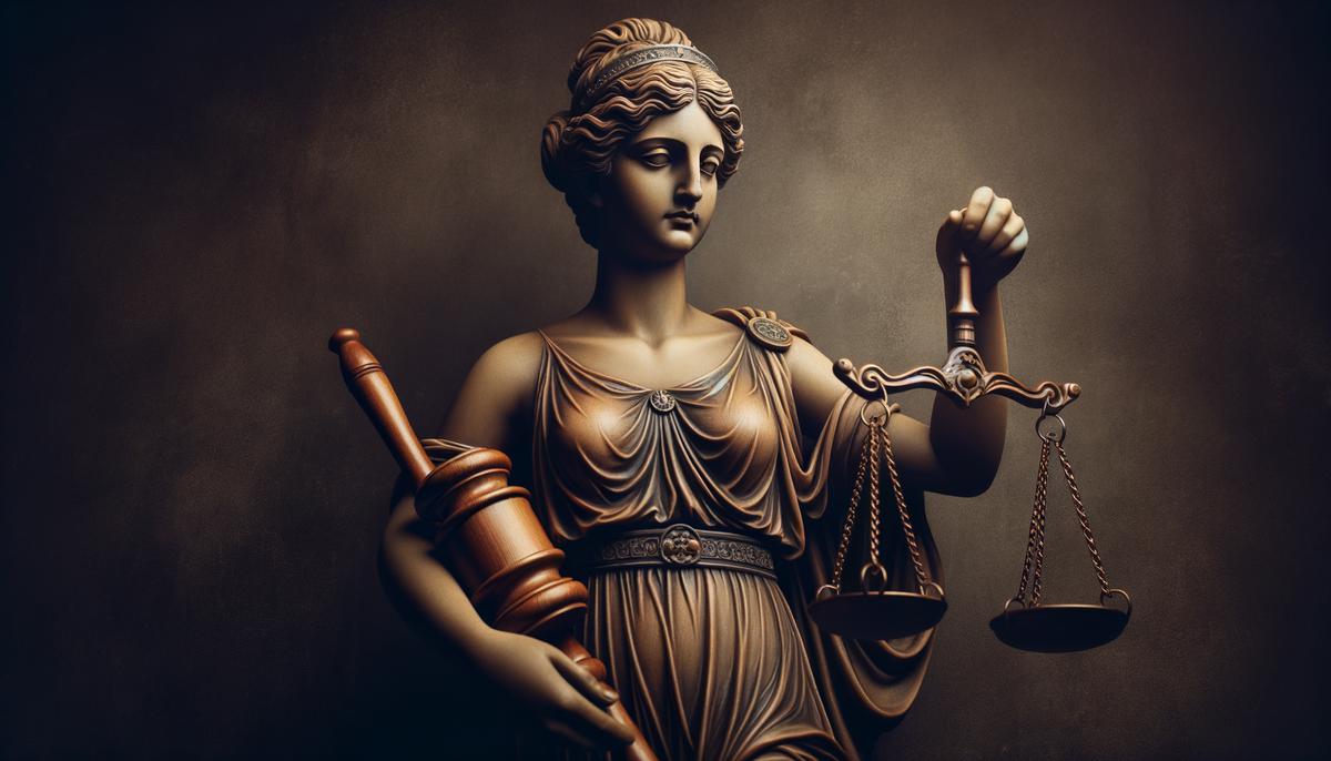The Greek goddess Eunomia holding scales of justice and a gavel, symbolizing law and order