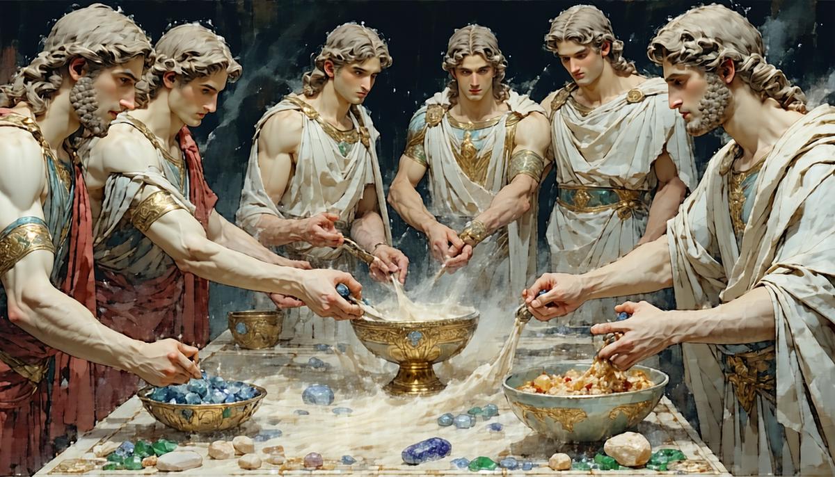 The Greek gods collaboratively creating Pandora, each contributing their unique gifts