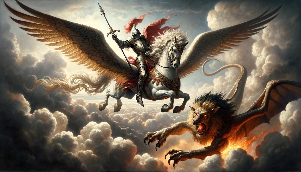 The Greek hero Bellerophon riding the winged horse Pegasus as they swoop down to attack the monstrous chimera creature breathing fire below