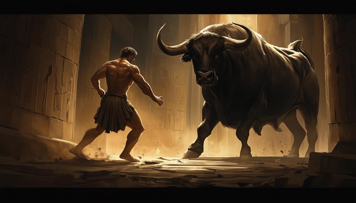 The Greek hero Theseus bravely faces the monstrous Minotaur, a creature with the head of a bull and body of a man, in a dark, winding labyrinth.