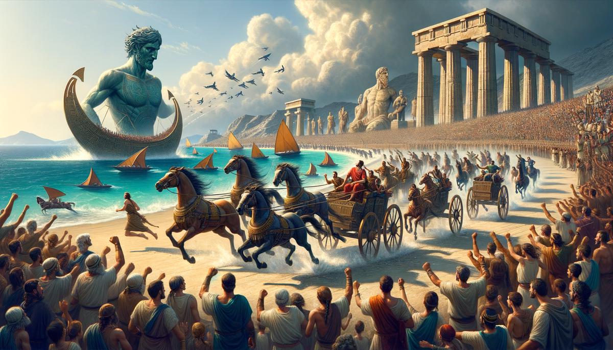 The Halieia festival in Rhodes, a vibrant celebration honoring the sun god Helios, featuring thrilling chariot races and religious fervor.