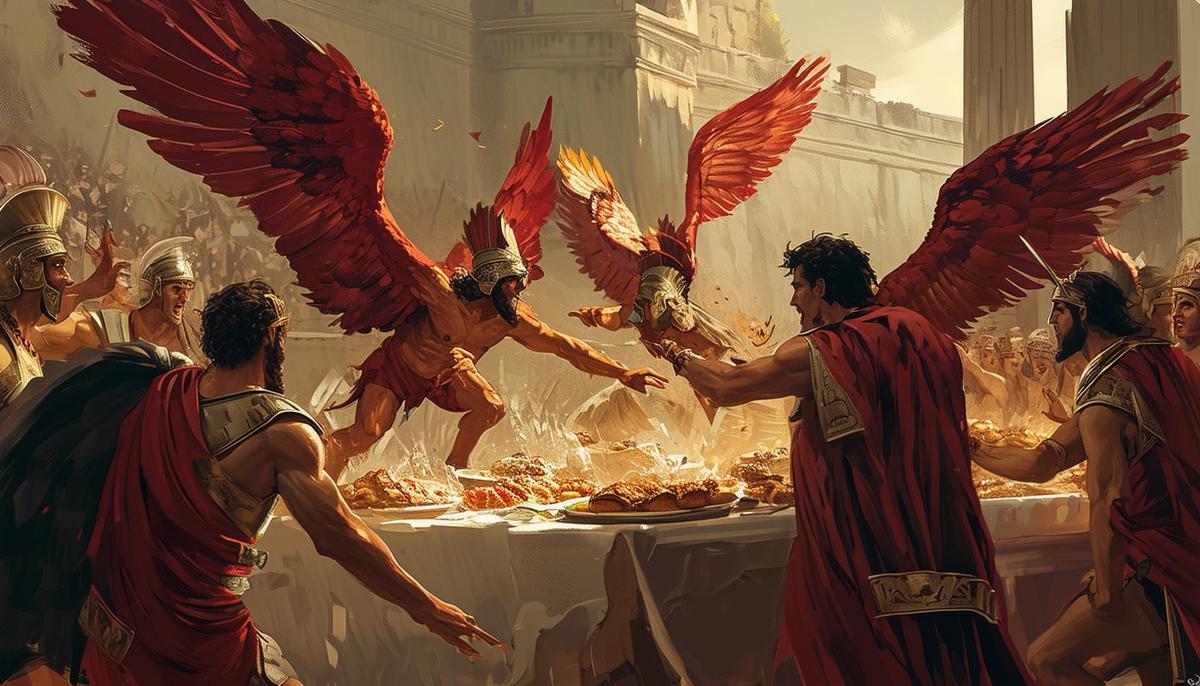 The Harpies crashing Aeneas' banquet, snatching away food and befouling the feast, as the Trojans try to drive them away