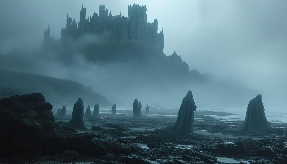 The haunting Isle of Demons shrouded in mist, with ghostly figures visible along the rocky shores