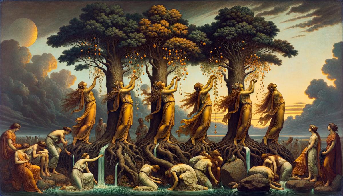 The Heliades, including Phaethusa, transformed into poplar trees along the banks of the River Eridanos, their tears flowing as amber in the aftermath of their brother Phaethon's tragic fall