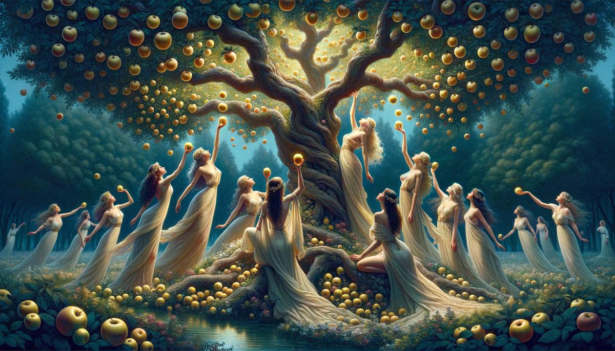 The Hesperides, mythical nymphs who tended the Garden of the Hesperides, picking golden apples from a tree.