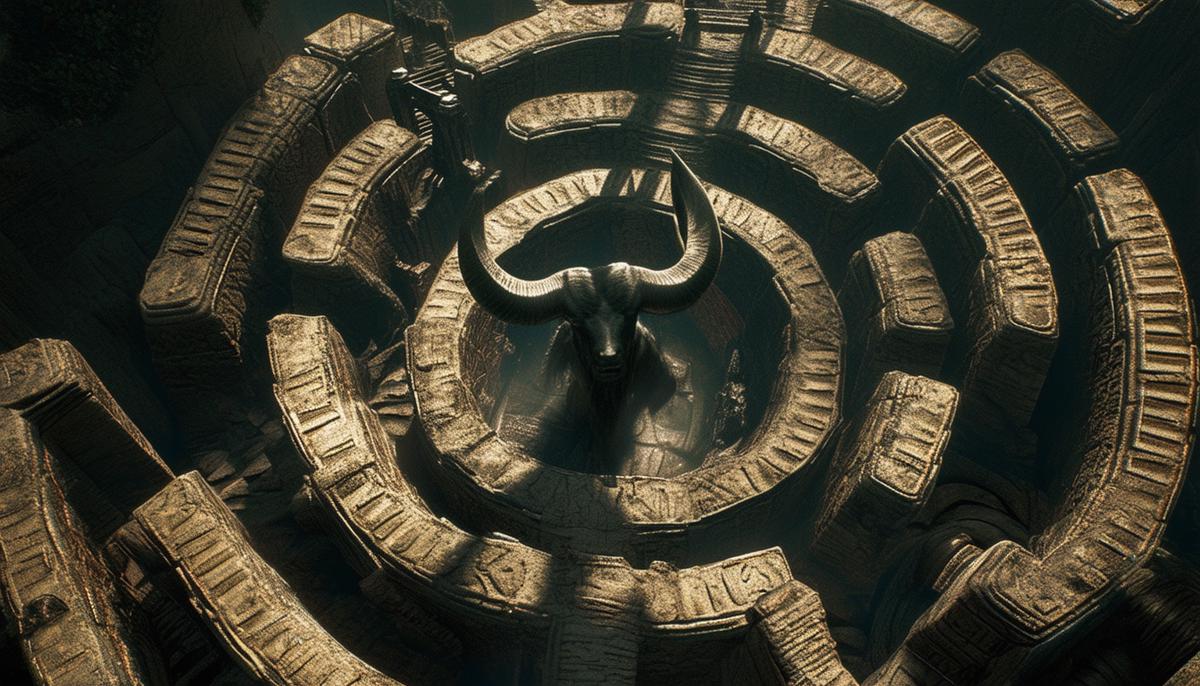 The intricate, winding paths of the Labyrinth, with the shadowy figure of the Minotaur lurking in the depths.