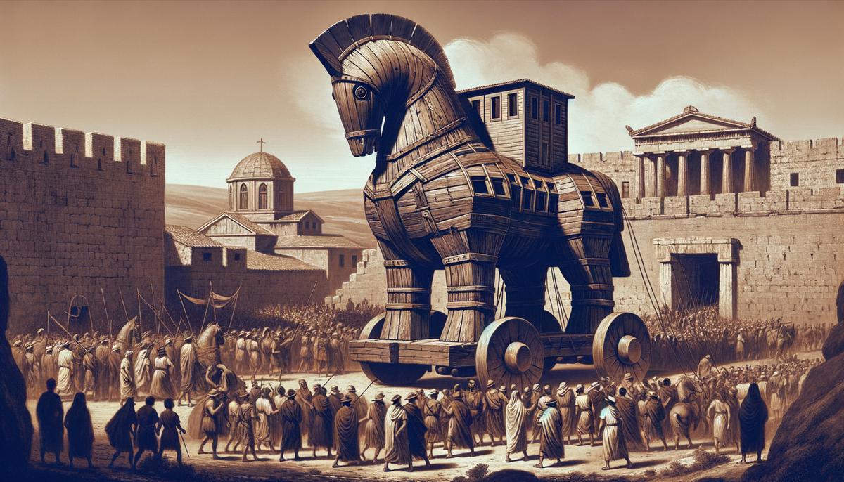 The large wooden Trojan Horse being pulled into the city of Troy, with Greek soldiers hidden inside
