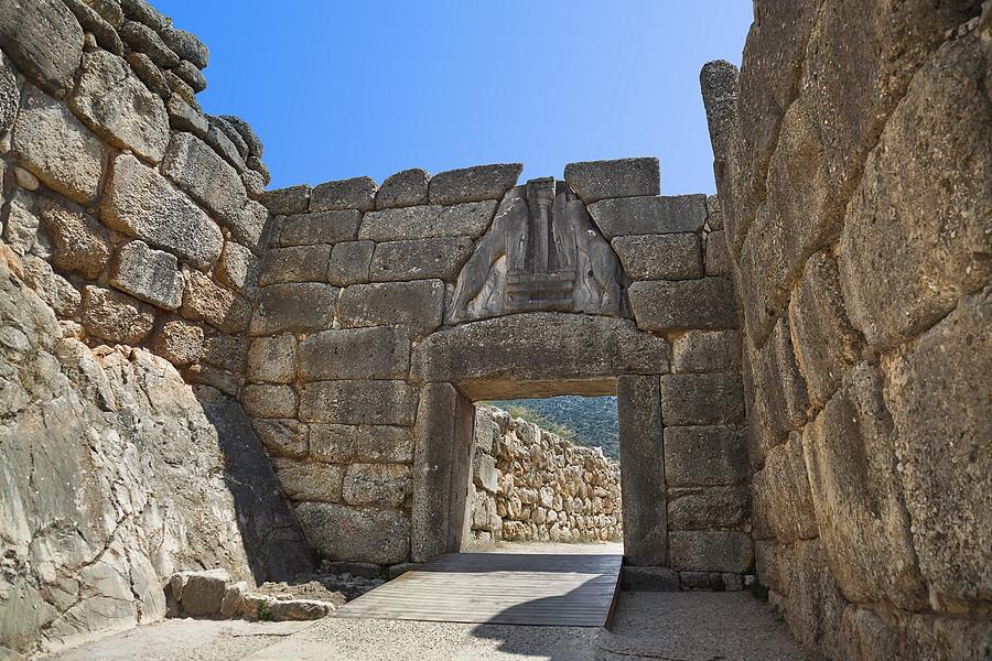 The Lion Gate of Mycenae, an ancient stone entrance with two lions carved above the lintel