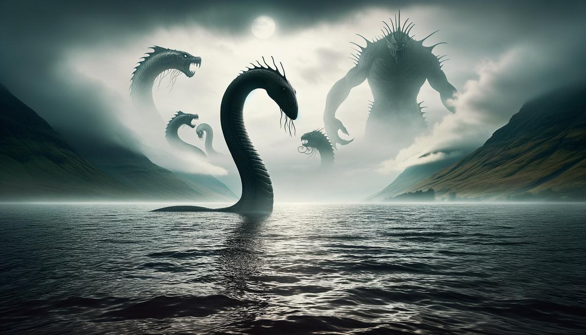 The Loch Ness Monster emerging from the water with ancient Greek sea monsters in the background