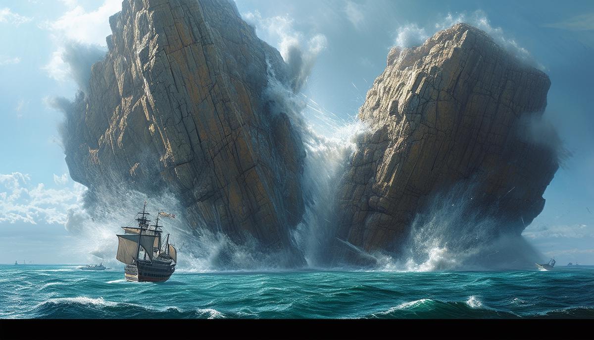 The massive Clashing Rocks, or Symplegades, smashing together in the sea, with a ship narrowly passing through.