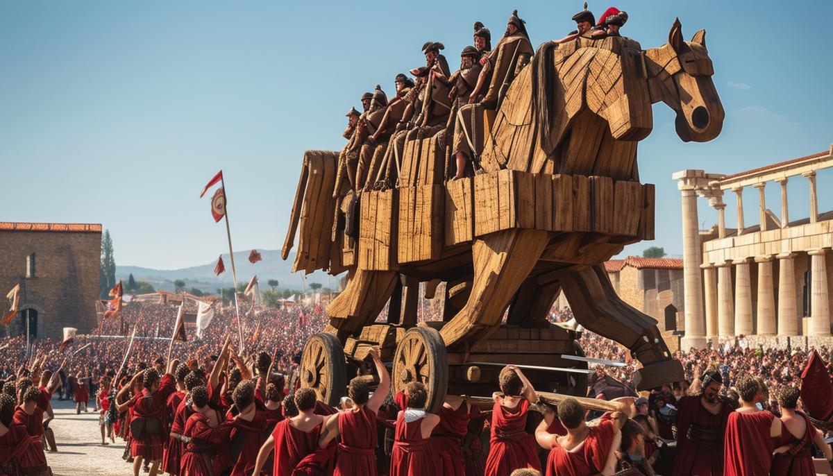 The massive wooden Trojan Horse being wheeled into Troy by celebrating Trojans